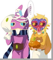 ... 2boys animal_ears animal_print bag bandages bear_print belt bird blonde_hair blue_scarf border brown_belt colored_sclera commentary commentary_request fake_animal_ears food grey_border hand_in_pocket holding holding_bag holding_food holding_sack holding_vegetable link long_sleeves looking_at_another majora_(entity) male_focus mask mmmaki_0 multiple_boys nintendo on_head pants pointy_ears pumpkin purple_robe rabbit_ears ravio robe sack scarf sheerow spoken_ellipsis striped_clothes striped_scarf sweater the_legend_of_zelda the_legend_of_zelda:_a_link_between_worlds the_legend_of_zelda:_majora&#039;s_mask vegetable white_background white_pants yellow_sweater