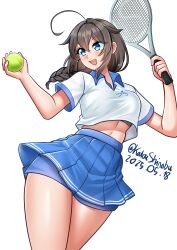 1girl absurdres ahoge alternate_costume ball black_hair blue_eyes blue_shorts blue_skirt braid breasts collared_shirt dated hair_flaps highres kantai_collection katou_shinobu large_breasts long_hair polo_shirt racket shigure_(kancolle) shirt shorts shorts_under_skirt simple_background single_braid skirt solo sportswear tennis_ball tennis_racket tennis_uniform twitter_username white_background white_shirt