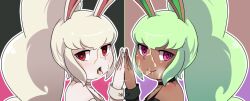 2girls artist_request bad_id bad_pixiv_id bunny_mint cuffs cum cum_in_mouth cum_on_body cum_on_tongue cum_on_upper_body cum_string detached_sleeves facial furry green_hair looking_at_viewer multiple_girls own_hands_clasped pink_eyes rabbit_ears rabbit_girl red_eyes snowrabby steam tongue tongue_out white_hair youkai_watch youkai_watch_3