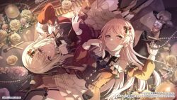 2girls bang_dream! bang_dream!_it&#039;s_mygo!!!!! black_bow black_corset black_nails black_thighhighs blonde_hair bottle bow braid breasts candle chihaya_anon closed_mouth clothing_cutout commentary_request corset dress earrings flower garter_straps grey_eyes hair_between_eyes hair_bow half_up_braid highres jewelry lipgloss long_hair looking_at_viewer lying makeup_brush medium_breasts misumi_uika multiple_girls nail_polish necktie official_art on_back on_ground parted_lips perfume_bottle purple_eyes red_dress rose shoulder_cutout thighhighs unworn_necktie white_flower white_rose