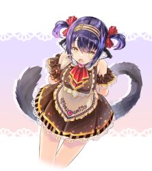 Rule 34 | 1girl, animal ears, apron, arm garter, arms behind back, ascot, bare shoulders, black hair, blush, breasts, brown apron, brown dress, buttons, cat ears, cat girl, colored inner hair, commentary request, cosplay, crop top, cropped legs, detached collar, double-breasted, dress, fang, feet out of frame, frilled wrist cuffs, frills, gloves, hairband, highres, kiyama satoshi, kuroike momimi, large breasts, leaning forward, looking at viewer, mihono bourbon (code:glassage) (umamusume), mihono bourbon (umamusume), mihono bourbon (umamusume) (cosplay), multicolored hair, open mouth, parted hair, purple hair, red ascot, short dress, short twintails, sleeveless, sleeveless dress, solo, twintails, umamusume, virtual youtuber, waist apron, white gloves, wide hips, wrist cuffs, yellow eyes