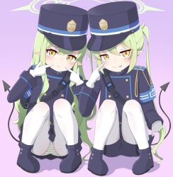 2girls :p :t akanbe armband black_boots black_jacket black_shorts black_skirt blue_archive blue_armband blush boots buttons commentary demon_tail double-breasted eyelid_pull full_body gloves green_hair green_halo hair_between_eyes halo hat highres hikari_(blue_archive) jacket loli long_hair long_sleeves looking_at_viewer miniskirt mooramango multiple_girls nozomi_(blue_archive) panties pantyhose pantyhose_under_shorts pantyshot peaked_cap pigeon-toed pointing pointing_at_self pointy_ears pout purple_background short_shorts shorts siblings simple_background sisters skirt smile squatting striped_clothes striped_panties tail tongue tongue_out twins twintails underwear upskirt very_long_hair white_gloves white_pantyhose yellow_eyes
