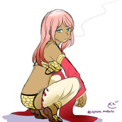 1girl :3 bikini blue_eyes brown_sandals cigarette commentary_request dark-skinned_female dark_skin detached_sleeves expressionless full_body gypsy_(ragnarok_online) haneda_makoto harem_pants long_hair looking_at_viewer looking_to_the_side open_mouth pants pink_hair poring ragnarok_online red_sleeves sandals simple_background slime_(creature) smoking solo squatting swimsuit white_eyeshadow white_pants yellow_bikini
