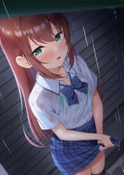 1girl 7fuji_06 black_thighhighs blue_bow blue_bowtie blue_skirt blush bow bowtie bra breasts brown_hair cowboy_shot green_bra green_eyes highres long_hair looking_at_viewer open_mouth original plaid_clothes rain school_uniform see-through_clothes see-through_shirt shirt skirt small_breasts solo thighhighs underwear wet wet_clothes wringing_clothes zettai_ryouiki