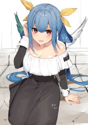 1girl angel_wings arm_support asymmetrical_wings bare_shoulders black_dress blue_hair blush breasts cleavage detached_sleeves dizzy_(guilty_gear) dress guilty_gear guilty_gear_x hair_between_eyes hair_ribbon hair_rings hand_in_own_hair highres large_breasts long_hair long_skirt meth_(emethmeth) mini_wings nail_polish open_mouth pink_nails red_eyes ribbon sidelocks sitting skirt solo twintails wings wrist_cuffs yellow_ribbon