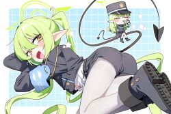 2girls absurdres armband ass black_boots black_hat black_jacket black_shorts black_tail blue_archive blue_armband blush boots chibi closed_eyes closed_mouth green_hair green_halo halo hat highres hikari_(blue_archive) jacket long_hair looking_back mini_person minigirl multiple_girls nozomi_(blue_archive) open_mouth pantyhose pointy_ears shorts siblings sisters smile tail whistle whistling white_pantyhose whonyang yellow_eyes