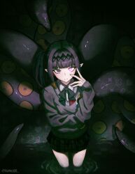 1girl black_ribbon black_skirt blunt_bangs closed_mouth collared_shirt colored_inner_hair commentary glowing glowing_eye gradient_hair grey_sweater hand_up highres hololive hololive_english looking_at_viewer medium_hair miniskirt multicolored_hair neck_ribbon ninomae_ina&#039;nis ninomae_ina&#039;nis_(school_uniform) official_alternate_costume official_alternate_hairstyle orange_hair pink_hair plaid_clothes plaid_skirt pleated_skirt pointy_ears purple_eyes purple_hair ribbon school_uniform shirt side_ponytail sidelocks skirt solo sumosumo sweater tentacle_hair tentacles v-neck virtual_youtuber wading white_shirt