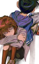 1boy 1girl absurdres back back-to-back black_shorts brown_hair brown_socks closed_mouth edogawa_conan glasses haibara_ai highres kneehighs meitantei_conan segami shoes shorts sitting socks white_shoes