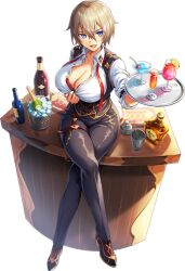 1girl alcohol artist_request blue_eyes bottle breasts brown_hair button_gap cherry crossed_legs fang food fruit full_body glass glass_bottle high_heels ice ice_cube kamihime_project_r large_breasts lemon lemon_slice necktie open_mouth pants shingen_(kamihime) shoes short_hair sitting smile table teasing tomboy transparent_background tray vest wooden_table