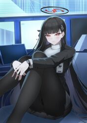 Rule 34 | 1girl, ass, black hair, black jacket, black panties, black pantyhose, blazer, blue archive, blunt bangs, blush, breasts, commentary request, funky dea1er, hair ornament, hairclip, halo, highres, jacket, large breasts, long hair, looking at viewer, panties, pantyhose, red eyes, ribbed sweater, rio (blue archive), sitting, smile, solo, sweater, turtleneck, turtleneck sweater, underwear, very long hair, watch, white sweater, wristwatch