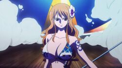 1girl animated animated_gif bikini breasts cleavage clima-tact collarbone flower hair_flower hair_ornament large_breasts long_hair looking_at_viewer nami_(one_piece) one_piece one_piece_film:_gold orange_hair sideboob smile solo swimsuit