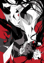 1boy 1girl black_hair black_pants demon_boy demon_horns diamond_(gemstone) dress etihw_(funamusea) falling funamusea haiiro_teien horns kcalb_(funamusea) long_hair long_sleeves military_uniform nuuunuuu pants very_long_hair white_dress white_hair