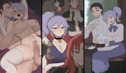 absurdres book breasts choker commission commissioner_upload earrings ebinku electricity fire_emblem fire_emblem:_genealogy_of_the_holy_war fire_emblem:_thracia_776 gloves grabbing_another&#039;s_breast grabbing_from_behind groping hair_ornament highres ishtar_(fire_emblem) jewelry julius_(fire_emblem) large_breasts leggings magic nintendo olwen_(fire_emblem) purple_eyes purple_hair pussy reinhardt_(fire_emblem) ribbon sex vaginal