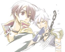 2boys armor assassin_(ragnarok_online) bandages bandages_over_clothes black_coat brown_eyes brown_hair chain closed_mouth coat commentary_request cross cross_necklace expressionless fingerless_gloves gloves gold_trim grey_gloves grey_hair grey_shirt jewelry long_sleeves looking_afar looking_to_the_side male_focus multicolored_coat multiple_boys necklace pauldrons priest_(ragnarok_online) ragnarok_online red_coat satoimo_2009 shirt shoulder_armor simple_background sleeveless sleeveless_shirt two-tone_coat upper_body white_background