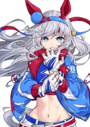 Rule 34 | 1girl, amaxa, animal ears, belt, blue eyes, commentary, english commentary, fake animal ears, fingerless gloves, floating hair, gloves, grey hair, grin, hand on own arm, headband, highres, jacket, linea alba, looking at viewer, navel, smile, solo, tamamo cross (umamusume), two-tone gloves, umamusume, white background