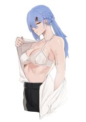 1girl absurdres black_pants blue_hair bra braid breasts cleavage closed_eyes closed_mouth commentary cropped_legs crown_braid english_commentary hair_between_eyes highres long_hair long_sleeves medium_breasts original pants ponytail saki_(the_atko) shirt solo standing the_atko underwear undressing white_background white_bra white_shirt