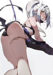 Rule 34 | 1girl, absurdres, ass, bikini, black bikini, blush, breasts, deko morii, dragon wings, fate/grand order, fate (series), forked eyebrows, high ponytail, highres, jewelry, long hair, looking at viewer, mask, melusine (fate), melusine (swimsuit ruler) (fate), melusine (swimsuit ruler) (first ascension) (fate), mouth mask, open mouth, ponytail, shrug (clothing), sidelocks, small breasts, solo, spanked, swimsuit, thighlet, white hair, wings, yellow eyes