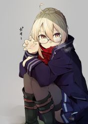 1girl absurdres ahoge artoria_pendragon_(fate) blonde_hair boots breath claw_pose coat fate/grand_order fate_(series) female_focus gao glasses grey_background highres kazenoko looking_at_viewer mysterious_heroine_x_alter_(fate) mysterious_heroine_x_alter_(first_ascension)_(fate) paw_pose plaid_clothes plaid_scarf pleated_skirt saber_(fate) scarf school_uniform serafuku skirt solo squatting thighhighs yellow_eyes