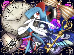 Rule 34 | alternate color, blue hair, blue skin, bow, clock, colored skin, gen 3 pokemon, hair over one eye, hat, highres, horns, key, kirlia, looking at viewer, multicolored skin, nintendo, open mouth, pink eyes, pokemon, pokemon (creature), red ribbon, ribbon, shabana may, shiny pokemon, sidelocks, signature, smile, striped bow, top hat, two-tone skin, white skin