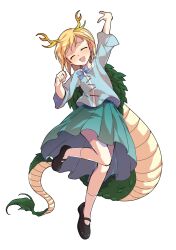 1girl :d alphes_(style) antlers aqua_skirt arm_up black_shoes blonde_hair blue_bow blue_shirt blush bow closed_eyes collarbone commentary_request dairi dragon_girl dragon_tail facing_viewer fighting_stance full_body furrowed_brow highres horns kicchou_yachie large_variant_set mary_janes medium_skirt open_mouth parody shirt shoes short_hair skirt smile socks solo standing standing_on_one_leg style_parody tachi-e tail touhou transparent_background turtle_shell variant_set white_socks