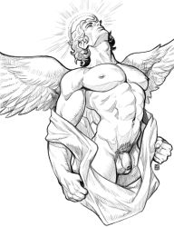 1boy abs absolum_art absurdres angel angel_wings bara bare_pectorals bulge cloak cowboy_shot feathered_wings flaccid greyscale halo highres large_pectorals male_focus male_pubic_hair monochrome muscular mythology naked_cloak navel navel_hair nipples nude original pectorals penis pubic_hair short_hair solo thighs uncensored white_background wings