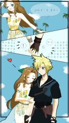 ! ... absurdres aerith_gainsborough aerith_gainsborough_(citric_dress) aqua_eyes armlet armor black_sailor_collar black_shirt black_shorts blonde_hair blue_background blush bracelet brown_gloves brown_hair choker closed_eyes cloud_strife cloud_strife_(maritime_sailor) couple crop_top dress earrings final_fantasy final_fantasy_vii final_fantasy_vii_ever_crisis fingerless_gloves food-themed_earrings food_print food_themed_earrings fruit_print gloves green_eyes green_nails green_ribbon hair_ribbon half_updo hand_in_own_hair hetero highres holding_another&#039;s_arm holding_hands jewelry leather_armor light_smile long_dress long_hair multicolored_nails multiple_bracelets nail_polish official_alternate_costume one_eye_closed open_mouth orange-shaped_earrings orange-shaped_ornament orange_nails orange_print palm_tree parted_bangs print_dress ribbon sailor_collar see-through_clothes see-through_skirt shirt short_hair short_sleeves shorts sidelocks skirt smile song30133 spiked_hair spoken_ellipsis spoken_exclamation_mark strapless strapless_dress tree upper_body wavy_hair