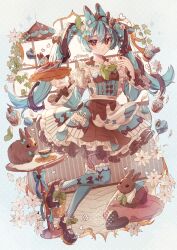 Rule 34 | 1girl, :&lt;, ahoge, animal ears, apron, basketweave, blue bow, blue dress, blue hair, blue socks, border, bow, brown bow, brown dress, brown eyes, brown footwear, brown hair, cafe, cake, candy, chocolate, chocolate heart, commentary, crossed bangs, cup, cupcake, cushion, dress, dress bow, falling petals, fishnet pantyhose, fishnets, flower, food, food-themed clothes, frilled dress, frilled sleeves, frilled socks, frills, full body, green neckerchief, hair between eyes, hair bow, hair flower, hair ornament, hands up, hanging light, heart, heart-shaped food, heart print, high heels, highres, holding, holding tray, indoors, juliet sleeves, leaf hair ornament, long hair, long sleeves, macaron, maid apron, maid headdress, medium dress, mint, mint chocolate, mint chocolate (razschi), multicolored dress, multicolored hair, neckerchief, original, outside border, over-kneehighs, pantyhose, petals, plant, plate, pleated dress, puffy sleeves, pumps, rabbit ears, rabbit girl, saucer, socks, standing, standing on one leg, streaked hair, striped clothes, striped dress, symbol-only commentary, table, tea, teacup, thighhighs, tray, tsukumi bis, twintails, two-tone hair, vines, whipped cream, white border, white bow, white flower, white socks, window