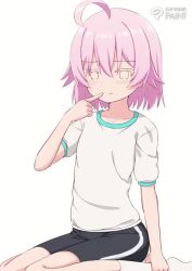Rule 34 | ..., 1girl, ahoge, animated, ankle grab, black shorts, blue archive, blue eyes, blush, brown eyes, chestnut mouth, commentary request, finger to mouth, gym shirt, gym shorts, gym uniform, hair between eyes, halo, hand up, heart, heterochromia, hoshino (blue archive), lowres, making-of, no shoes, parted lips, pink hair, puffy short sleeves, puffy sleeves, shirt, short sleeves, shorts, simple background, sitting, socks, solo, tagme, takasuma hiro, video, wariza, white background, white shirt, white socks