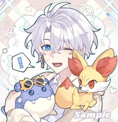 Rule 34 | !, 1boy, antenna hair, blue eyes, brown jacket, chinese commentary, collared shirt, commentary request, fennekin, gen 3 pokemon, gen 6 pokemon, highres, holding, holding pokemon, honkai: star rail, honkai (series), jacket, male focus, nintendo, one eye closed, phainon (honkai: star rail), pokemon, pokemon (creature), ruiz-tutu, sample watermark, shirt, short hair, solo, spheal, spoken exclamation mark, sweatdrop, upper body, watermark, white hair, white shirt