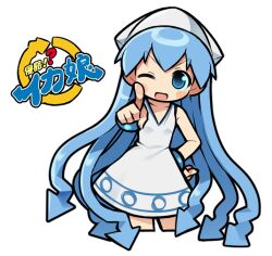 1girl blue_eyes blue_hair breasts dress hand_on_own_hip hat ikamusume index_finger_raised jjjjtaaaku logo long_hair looking_at_viewer one_eye_closed open_mouth pointing pointing_at_viewer shinryaku!_ikamusume simple_background sleeveless sleeveless_dress small_breasts solo squid_girl squid_hat tentacle_hair very_long_hair white_background white_dress white_hat