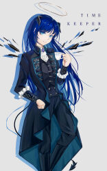 Rule 34 | 1girl, absurdres, arknights, ascot, blue eyes, blue hair, cosplay, cup, cydar, dark halo, demon horns, detached wings, english text, formal clothes, grey background, halo, highres, horns, looking at viewer, mostima (arknights), purple brooch, reverse:1999, simple background, smile, solo, suit, tail, teacup, vertin (reverse:1999), vertin (reverse:1999) (cosplay), white ascot, wings