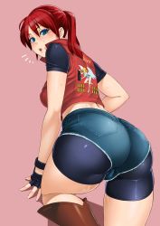 Rule 34 | 1girl, :o, artist name, ass, bike shorts, bike shorts under shorts, blue eyes, boots, claire redfield, coat, female focus, fingerless gloves, gloves, highres, huge ass, jacket, looking at viewer, looking back, parted lips, pink background, ponytail, red hair, resident evil, resident evil 2, short hair, short shorts, shorts, simple background, sleeveless, sleeveless coat, solo, spandex, sweat, thighs, zonda (solid air)