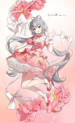 1girl :d absurdres arm_at_side bare_legs block_heels bow breasts bubble_skirt commentary_request cross-laced_clothes cross-laced_top flower frilled_shirt frilled_wrist_cuffs frills full_body gem gradient_background green_eyes grey_hair hair_between_eyes hand_up high_heels highres jumping knees_together_feet_apart light_particles long_hair low_twintails luo_tianyi miniskirt morimori_(14292311) neck_ribbon open_mouth outstretched_arm pearl_(gemstone) petticoat pink_flower puffy_short_sleeves puffy_sleeves red_background red_flower red_ribbon red_shirt red_shoes red_skirt ribbon ribbon_hair shirt shoes short_sleeves skirt small_breasts smile solo teeth tongue twintails upper_teeth_only very_long_hair vocaloid vsinger_(vocaloid) waving white_background white_bow white_ribbon white_wrist_cuffs wrist_cuffs
