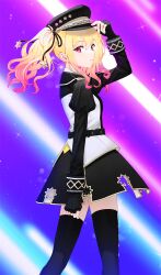 Rule 34 | 1girl, 2 (tsvf3235), adjusting clothes, adjusting headwear, arm at side, arm up, belt, black belt, black gloves, black hat, black jacket, black ribbon, black skirt, black thighhighs, blonde hair, blue background, commentary, feet out of frame, fingerless gloves, fingernails, gloves, gradient hair, hair between eyes, hair ribbon, hat, jacket, juliet sleeves, light particles, long sleeves, looking at viewer, looking back, multicolored hair, peaked cap, pink eyes, pink hair, project sekai, puffy sleeves, purple background, ribbon, sideways glance, simple background, skirt, solo, sparkle, standing, star (symbol), symbol-only commentary, tenma saki, thighhighs, turning around, twintails, two-tone hair, wavy hair, zettai ryouiki