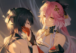 2girls bare_shoulders black_bow black_collar black_gloves black_hair body_markings bow braid breasts changli_(wuthering_waves) cleavage closed_eyes closed_mouth collar colored_extremities commentary english_commentary female_rover_(wuthering_waves) gloves hair_between_eyes hair_bow hair_extensions hair_ornament hand_on_another&#039;s_face highres long_hair looking_at_another low_ponytail multicolored_hair multiple_girls partially_fingerless_gloves pink_hair ponytail red_hands ring_hair_extensions rover_(wuthering_waves) ruoruoqiu tacet_mark_(wuthering_waves) twin_braids two-tone_hair upper_body very_long_hair white_hair wuthering_waves yellow_eyes