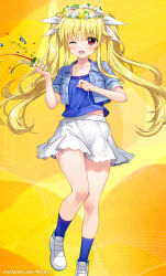 Rule 34 | blonde hair, blue shirt, blue socks, breasts, collarbone, denim, denim jacket, fate testarossa, fujima takuya, gradient background, hair ribbon, head wreath, jacket, long hair, lyrical nanoha, mahou shoujo lyrical nanoha, midriff peek, miniskirt, one eye closed, open mouth, party popper, red eyes, ribbon, shirt, shoes, skirt, sleeves rolled up, small breasts, socks, t-shirt, thighs, twintails, white skirt, yellow background