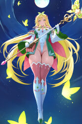 1girl absurdres blonde_hair blush boots breasts closed_mouth commission covered_navel destina_(epic_seven) epic_seven full_body full_moon gloves green_eyes highres holding holding_staff kiek_qaq large_breasts long_hair long_sleeves looking_at_viewer moon night outdoors pixiv_commission solo staff thigh_boots thighs white_gloves wide_sleeves