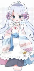 1girl absurdres apron black_outline blue_bow blue_eyes blunt_bangs blush bow coeiroink commentary_request feet_out_of_frame frilled_apron frilled_hairband frills grey_hair hairband heart heart_hands highres horizontal-striped_clothes japanese_clothes kimono letterboxed looking_at_viewer maid multicolored_kimono multicolored_skirt official_alternate_costume open_mouth outline ovoip pixel_heart shirt shirt_under_kimono skirt smile socks solo standing striped_clothes striped_kimono swept_bangs tsukuyomi-chan twintails twitter_username wa_maid waist_bow white_apron white_background white_hairband white_kimono white_socks