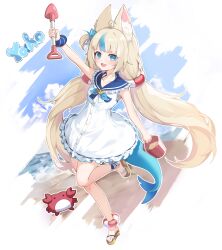 1girl absurdres animal_ears blonde_hair blue_collar blue_eyes blue_hair blue_nails bucket cat_ears collar dress fins fish_girl fish_tail frilled_shirt_collar frills highres holding holding_bucket holding_shovel indie_virtual_youtuber kyuu_(chiu850513) long_hair low_twintails multicolored_hair nail_polish open_mouth sameko_saba sand_bucket sandals shovel sleeveless sleeveless_dress smile solo streaked_hair tail twintails very_long_hair virtual_youtuber white_dress