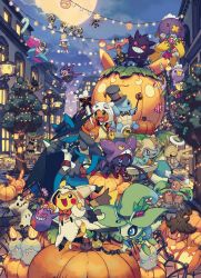 bulbasaur celebi charmander clothed_pokemon cosplay costume creatures_(company) cubone diglett drifblim drifloon dugtrio flame-tipped_tail furry game_freak gen_1_pokemon gen_2_pokemon gen_3_pokemon gen_4_pokemon gen_5_pokemon gen_6_pokemon gen_7_pokemon gengar gourgeist halloween halloween_costume hat highres jack-o&#039;-lantern lampent lamppost legendary_pokemon litwick lucario meltan mimikyu moon mythical_pokemon night nintendo official_art ornament phantump pikachu pokemon porygon pumpkaboo pumpkin shedinja smile squirtle starter_pokemon_trio tree trevenant zorua