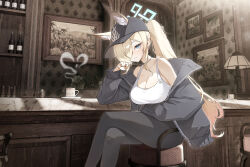 1girl absurdres alternate_costume alternate_hairstyle animal_ear_fluff animal_ears black_hat black_jacket black_pants blonde_hair blue_archive blue_eyes blush closed_mouth crossed_legs dog_ears dog_girl hair_over_one_eye hand_in_pocket hat highres jacket kanna_(blue_archive) long_hair looking_at_viewer micasa_tto on_stool pants ponytail sidelocks sitting solo tank_top white_tank_top