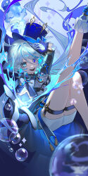 1girl absurdres ahoge ascot black_ascot blue_brooch blue_eyes blue_gemstone blue_hair blue_hat blue_jacket bubble drop-shaped_pupils fish furina_(genshin_impact) furittsu gem genshin_impact gloves hat heterochromia highres jacket long_hair long_sleeves looking_at_viewer mismatched_pupils multicolored_hair open_mouth ouji_fashion seahorse shorts smile streaked_hair surintendante_chevalmarin symbol-shaped_pupils top_hat white_gloves white_shorts