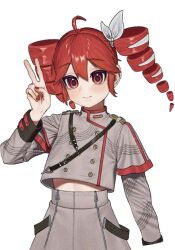 1girl ahoge arm_at_side belt black_belt black_sleeve_cuffs blush bow buttons double-breasted drill_hair fingernails flat_chest grey_jacket grey_skirt hair_between_eyes hair_bow hair_ribbon hand_up highres jacket kasane_teto kasane_teto_(sv) layered_sleeves liccco0008 long_sleeves looking_at_viewer midriff_peek musical_staff musical_staff_print red_eyes red_hair red_nails red_trim ribbon shoulder_belt shoulder_boards simple_background skirt smile solo striped_clothes striped_jacket synthesizer_v transparent_background twin_drills upper_body utau white_bow white_ribbon