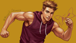 Rule 34 | 1boy, :d, blonde hair, clenched hand, crew cut, derek suarez, green eyes, grin, hood, hood down, hoodie, looking at viewer, male focus, monarch chimera, muscular, muscular male, open mouth, our life, our life: beginnings and always, red hoodie, running, sleeveless, sleeveless hoodie, smile, solo, teeth, twisted torso, upper body, upper teeth only, wavy hair, yellow background