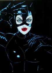 1girl batman_(series) batman_returns black_bodysuit black_eyeshadow black_mask blue_eyes bodysuit breasts catwoman catwoman_costume_(batman_returns) claws dc_comics eyeshadow large_breasts lipstick makeup mask red_lips selina_kyle stitches upper_body