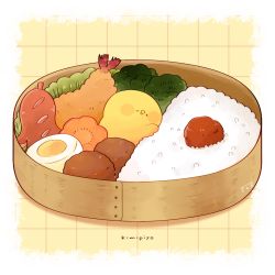 1other artist_name bento bird border broccoli carrot_slice character_name chick chicken closed_eyes commentary egg_(food) english_text food food_art food_focus hardboiled_egg highres in_food kimipiyo_(tenmiyakiyo) meatball original oversized_food oversized_object rice romaji_text shrimp shrimp_tempura signature solo symbol-only_commentary tako-san_wiener tempura tenmiyakiyo white_border