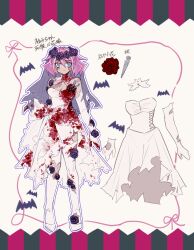 1girl absurdres alternate_costume animal_print bare_shoulders bat_(animal) bat_print black_border black_flower black_rose blood blood_on_body blood_on_breasts blood_on_clothes blood_on_leg blood_on_neck blood_stain bloody_clothes bloody_dress blue_eyes boots border bow breasts bridal_veil bride reference_sheet cleavage detached_collar dress colored_bangs elbow_gloves flower gloves grey_veil hair_between_eyes hair_flower hair_ornament halloween halloween_costume head_wreath highres hiiragi_yuzu makeup multicolored_hair needle pink_hair red_border red_flower red_pupils red_rose rose runny_makeup scar scar_on_arm scar_on_chest short_hair short_twintails simple_background solo strapless strapless_dress striped_border thigh_boots thighhighs torn_boots torn_clothes torn_dress torn_footwear torn_gloves torn_thighhighs torn_veil translation_request twintails two-tone_hair udoshiyo veil waist_bow wedding_dress white_background white_bow white_dress white_gloves white_thighhighs yu-gi-oh! yu-gi-oh!_arc-v