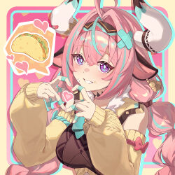 1girl 4-finger_heart_hands ahoge animal_ears bandaid bandaid_on_face black_hairband blue_pupils braid breasts commentary cow_ears cow_girl cow_horns detached_sleeves ear_bell english_commentary genshin_impact grin hair_ornament hairband heart heart_hands horns large_breasts light_blush long_hair looking_at_viewer low_twin_braids multicolored_hair purple_eyes smile so_zei_tama_tama solo spoken_food streaked_hair sweater taco twin_braids upper_body varesa_(genshin_impact) white_horns x_hair_ornament yellow_sweater