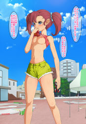Rule 34 | 1girl, bakusou kyoudai let&#039;s &amp; go!!, bakusou kyoudai let&#039;s &amp; go!! max, bare shoulders, blue eyes, blue ribbon, blue sky, blush, bow, breasts, breasts out, building, clothes lift, cloud, crop top, day, dedenchuu, denim, denim shorts, eyebrows, facing viewer, feet out of frame, female focus, fingernails, from below, green shorts, hair bow, hair ribbon, hand up, highres, holding, legs apart, lifting own clothes, medium breasts, navel, nipples, no bra, oogami marina, outdoors, red hair, ribbon, shiny skin, shirt, shirt lift, short hair, short shorts, shorts, sky, sleeveless, sleeveless shirt, smelling, solo, speech bubble, standing, sweat, tank top, thighs, thought bubble, toy car, translation request, twintails, wiping face, wiping sweat, wiping with clothes