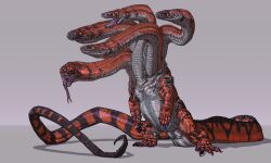 absurdres black_scales corey_rivera forked_tongue grey_background grey_scales highres hydra monster multicolored_scales no_humans open_mouth orange_eyes orange_scales original slit_pupils solo standing tail tongue